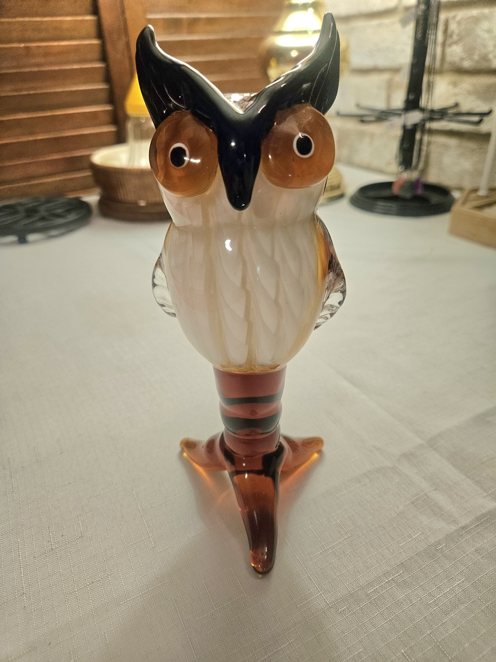 GCA Murano Style Handblown Glass Owl Figurine - Amber, Black & White